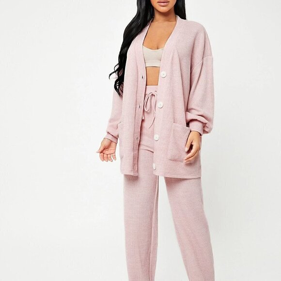 Pink Boho Womens Button Front Lantern Sleeve Coat & Tie Waist Pants Set - Picture 4 of 4